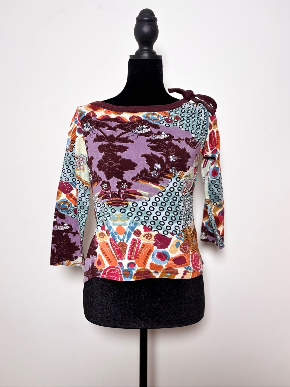 Vtg Y2K Derhy Blue Floral Maximalist Knotted Boatneck Neckline Beaded Top Size S